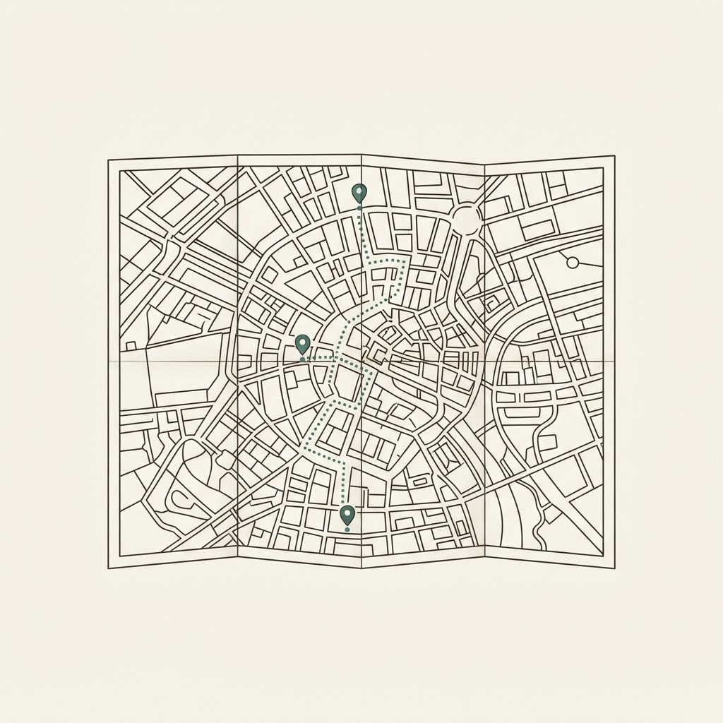 Line drawing of a paper map with a walking route and pins