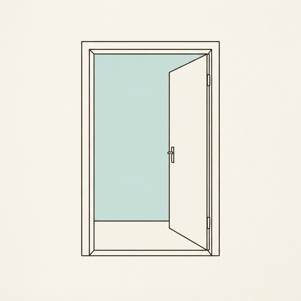 Line drawing of an open door with light coming through